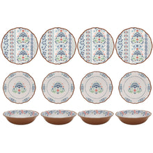 Bamboo melamine dinnerware set with 12 floral plates and bowls, brown edges.
