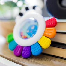 Octopus chillable rattle and teether close-up with rainbow tentacles and face window