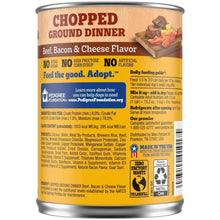 Pedigree Chopped Ground Dinner dog food can, back label with feeding guide info