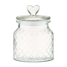 Clear glass storage jar with embossed heart pattern and heart-shaped lid knob