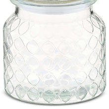 Clear glass jar body with diamond-and-heart embossed texture