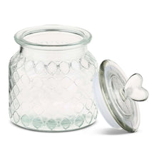 Clear glass jar with lid and heart-shaped knob, textured diamond-heart sides