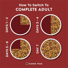 Switching chart graphic showing days 1–7 for complete adult dog food