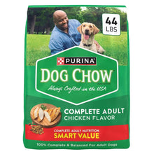Purina Dog Chow bag, 44 lb smart value; complete adult chicken flavor dog food.
