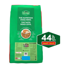 Purina Dog Chow dry dog food bag, nutrition and feeding info, 44 lb smart value.