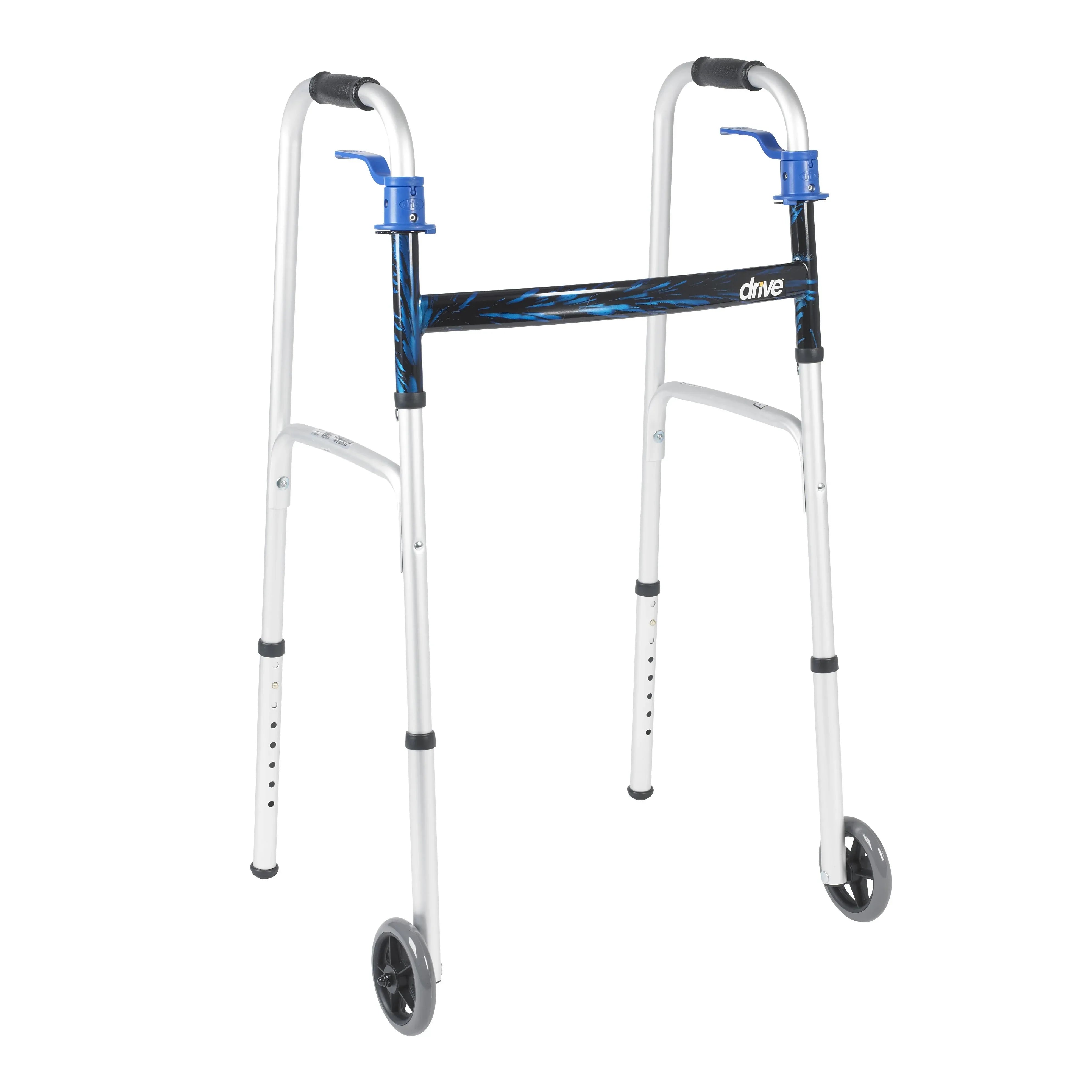 drive Aluminum Flame Blue Dual Trigger Release Folding Walker with Wheels Adjustable Height up to 350 lbs 32 to 39" H