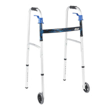 Folding walker with wheels, blue flame frame, and dual hand grips