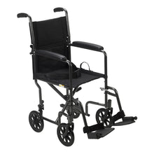 Transport wheelchair with black seat and back, padded arms, swing-away footrests, steel frame