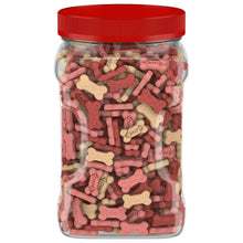 Dog treat canister with red lid, showing pink and cream heart biscuits through jar