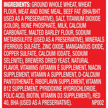 Ingredients label listing grains, meat, vitamins, minerals, and preservatives