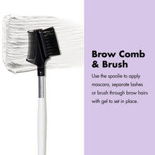 Brow comb and brush with black spoolie and comb on a white handle