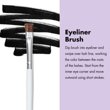 Eyeliner brush with fine angled bristles and clear handle sleeve.