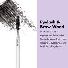 Eyelash and brow wand brush with black bristle comb on a white handle