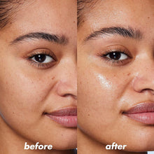 Face close-up with dewy skin finish on forehead, nose, and cheeks