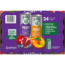 V8 Energy 24-pack can case with Pomegranate Blueberry and Peach Mango on front
