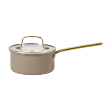 Nonstick pot with glass lid, taupe exterior, gold long handle