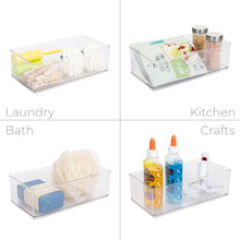 Clear plastic organizer bin with assorted items including cotton swabs and toiletries