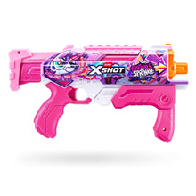 Pink and purple XSHOT water blaster toy with orange nozzle and unicorn face graphic