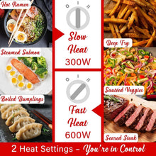 White electric hot pot cooker with lid shown with plated meals