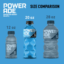 POWERADE Mountain Berry Blast bottle size comparison: 12 oz, 20 oz, 28 oz