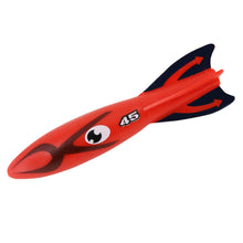 Red kids diving torpedo pool toy with eye graphic and black fin detail
