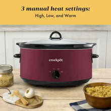 Maroon oval slow cooker with black lid, side handles, and front dial control knob