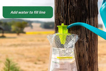 Fly trap hanging on fence post with green funnel top and white mesh bag