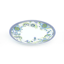 Porcelain dinner plate with blue and green floral paisley border