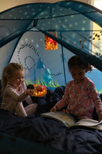 Blue kids bed tent with mesh panels and glowing lantern hanging from the ceiling