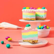 Colorful pastel cake slices on a plate with candy-coated eggs