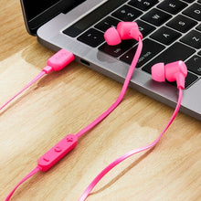 Pink wired earphones with inline controls and USB-C cable connector