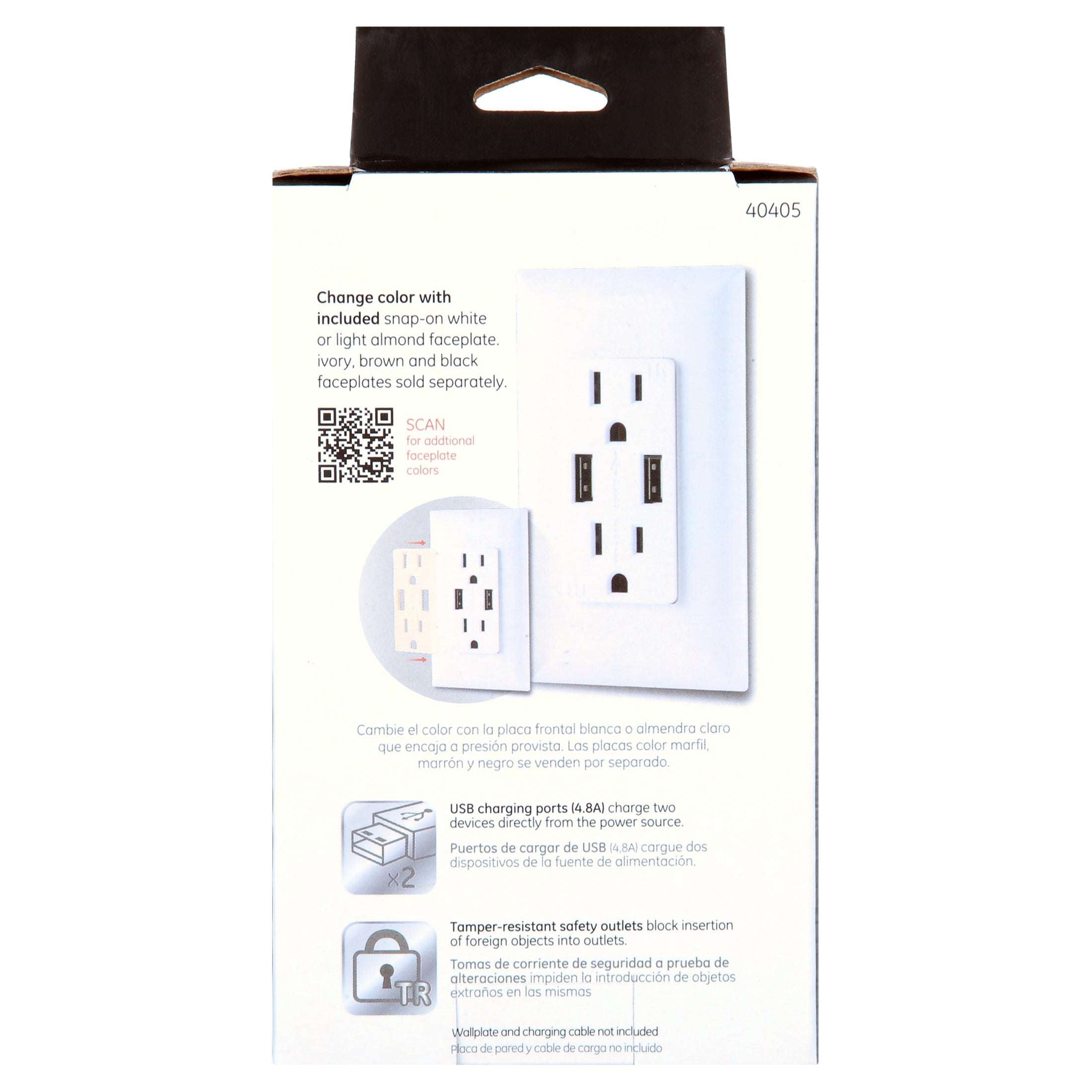 GE UltraPro 2-Outlet, 2-USB in-Wall Receptacle, White/Light Almond, 15A - 40405