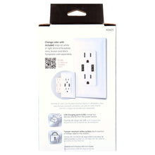 In-wall receptacle packaging showing 2 outlets and 2 USB charging ports