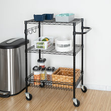 Black 3-tier wire rolling cart holding kitchen items with side handle and caster wheels