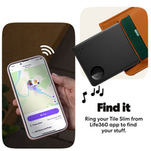 Black slim Tile Bluetooth tracker attached to a leather wallet tag