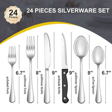 24-piece stainless steel silverware set layout with forks, knife, spoon, and measurements