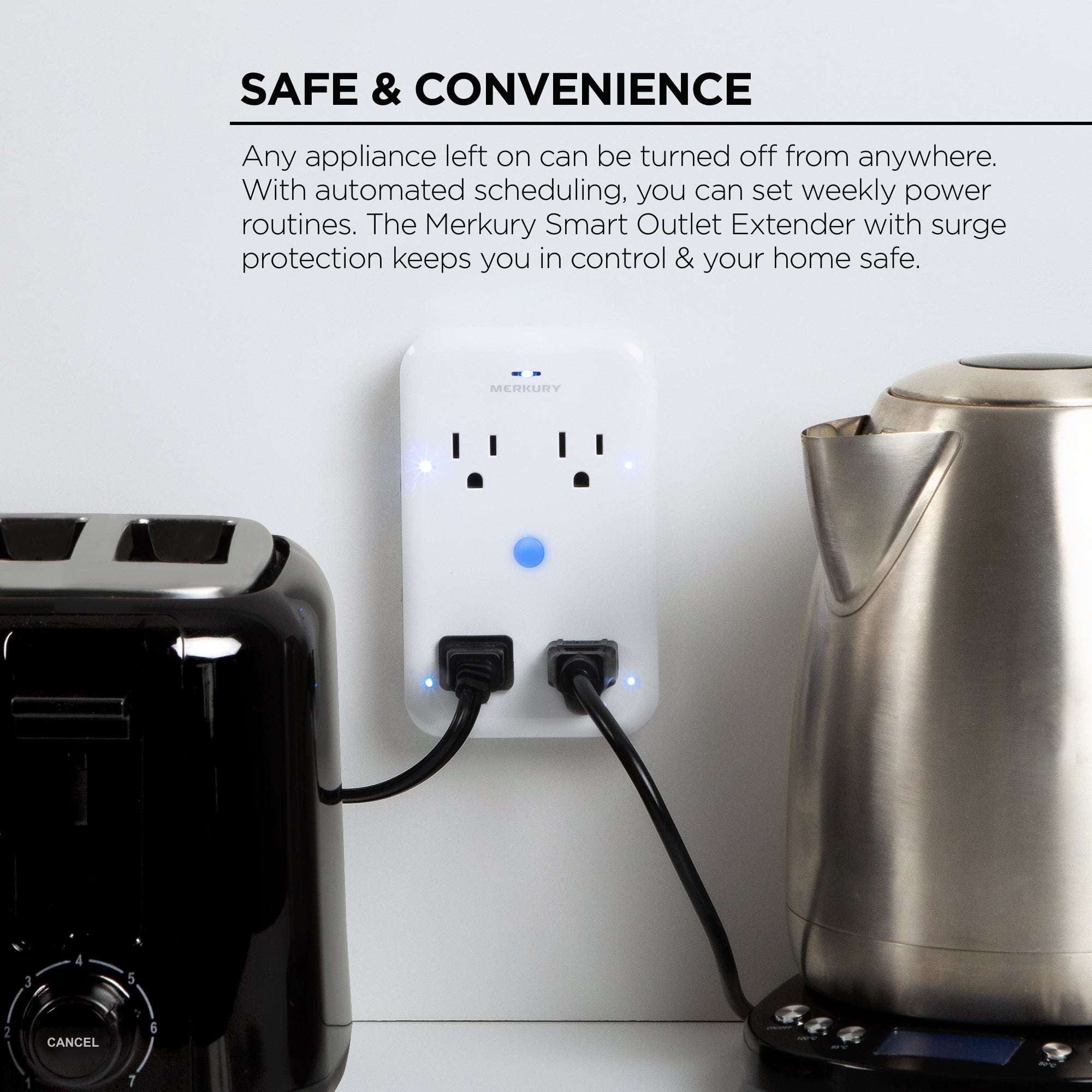 Merkury Innovations Smart 4-Outlet Wall Extender, 15A 1800W, Wi-Fi Enabled, Works with Alexa & Google Assistant – White