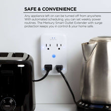 Smart outlet extender with two connected plugs and blue indicator light, white