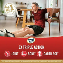 Joint health supplement marketing image with man stretching and red 3X triple action banner
