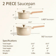 Two cream ceramic saucepans with lids, size dimensions shown in inches