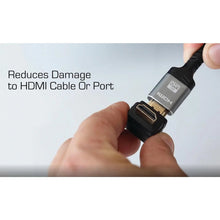 HDMI 90-degree adapter held by hand, showing angled black body and ports