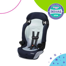 Kids booster car seat with dark blue frame and light gray seat, standing front view