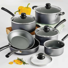 Non-stick cookware set with covered pots and frying pans, black handles