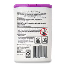 Dog ear wipes backside with caution and directions icons; barcode and details.