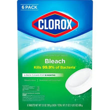 Clorox bleach toilet bowl cleaner 6-pack label with white tablet and green panel