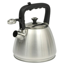 Stainless steel tea kettle with black handle, lid, and side spout with push button
