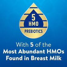 Infant formula graphic with teardrop badge: 5 HMO prebiotics