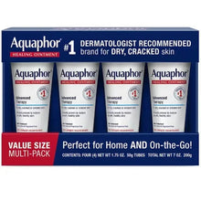 Aquaphor Healing Ointment value multi-pack box with four tubes, blue and white front