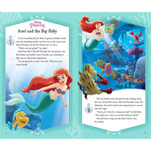 Open storybook spread featuring Ariel underwater with fish and sea creatures