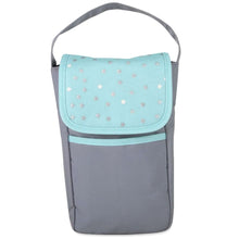 Blue star printed diaper bag backpack with gray insulated section and crossbody shoulder strap